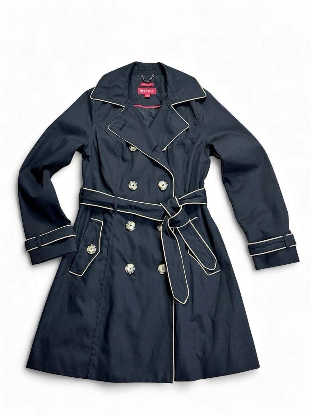 Merona by Target Black Double-Breasted Trench Coat Women’s S | Cream Piping Chic
